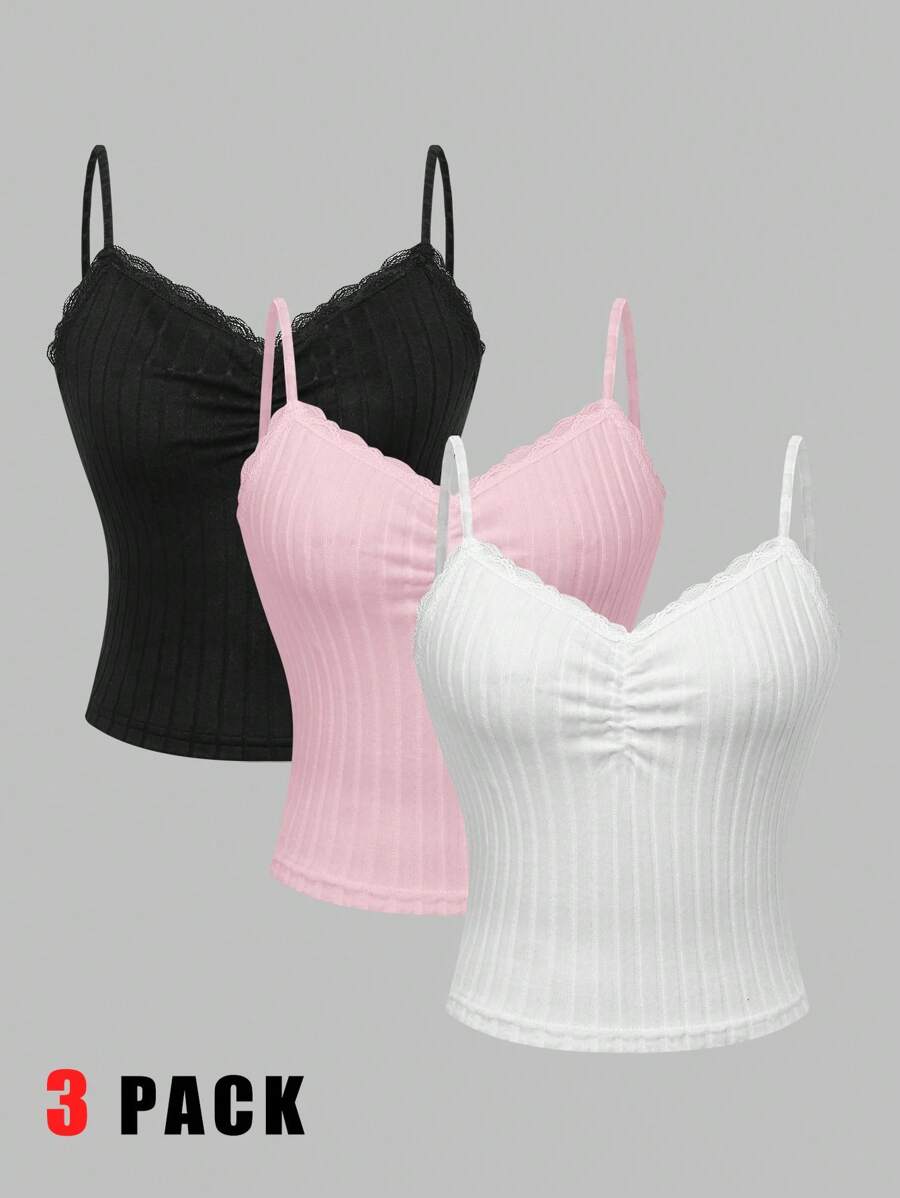 SHEIN LUNE Women's Solid Color Fuzzy Knit Ribbed Splice Lace Trim Shirring Slim Fit Camisole 3-Piece Set, Autumn/Winter