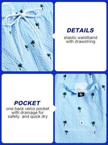 Manfinity Swimmode Men Textured Stripe Coconut Tree Printed Summer Drawstring Waist Beach Shorts,Hawaiian - Baby Blue - View 8