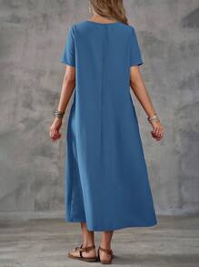 EMERY ROSE Vestido largo y sencillo de mujer con cuello redondo, manga corta y bolsillo en un solo color - Azul - Ver 2