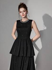 SHEIN Belle Vestido de fiesta elegante de mujer con dobladillo con volantes, sin mangas, de nueva llegada, para invitada de boda a cóctel o baile