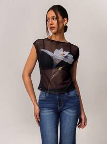 Forever 21 Spring Vintage Elegant Y2K Floral Printed Women's Mesh Undershirt, Minimalist, High Street Style - Multicolor - View 1