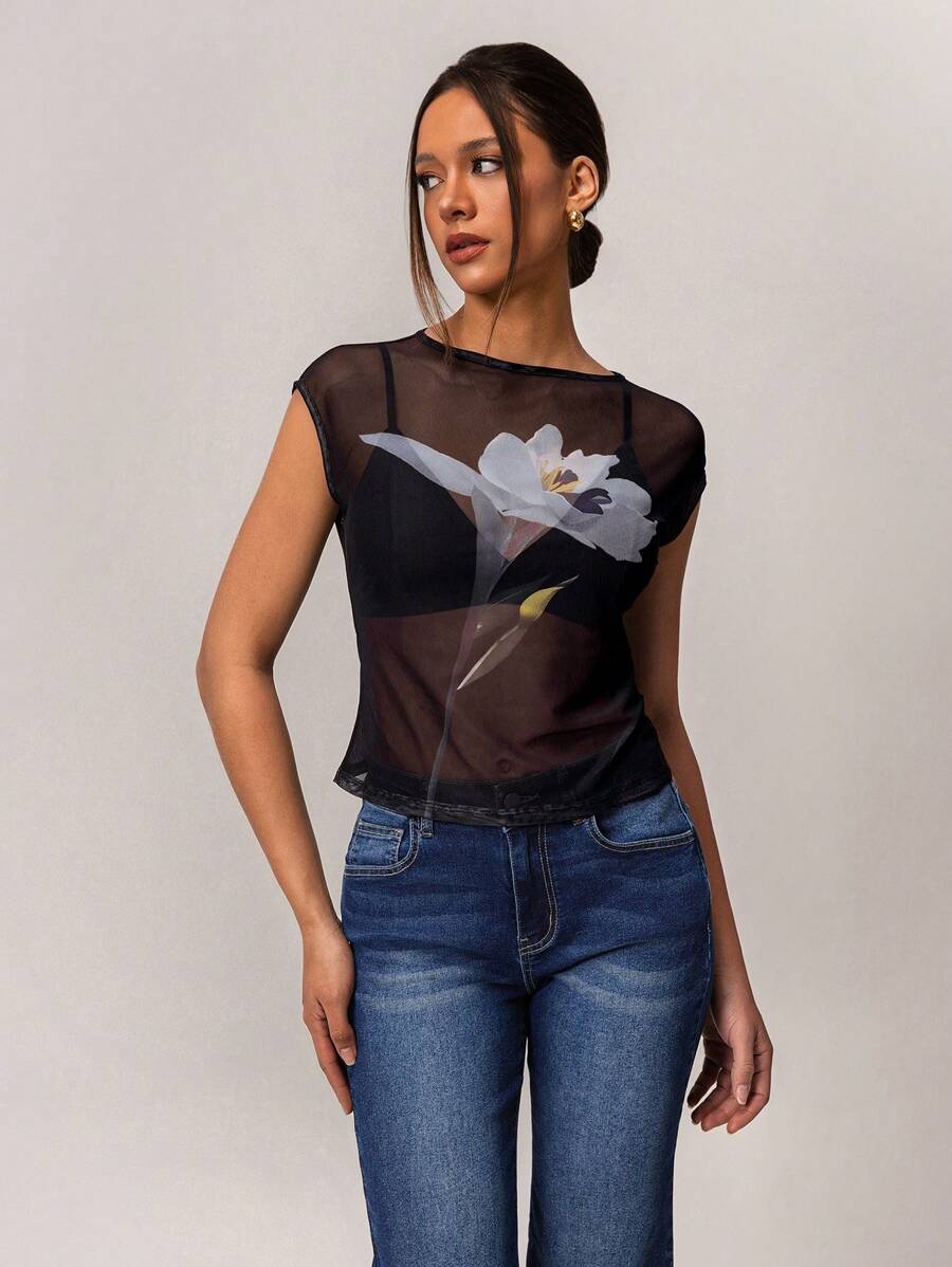 Forever 21 Spring Vintage Elegant Y2K Floral Printed Women's Mesh Undershirt, Minimalist, High Street Style - Multicolor - View 1