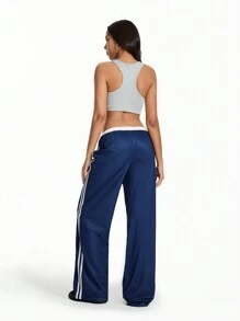 TRNVIE 复古运动风格拼色条纹休闲宽松裤，女式低腰直筒裤，百搭