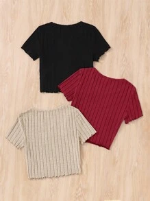 SHEIN Leap Crew 3 件套青少年女孩针织纹理长袖 T 恤