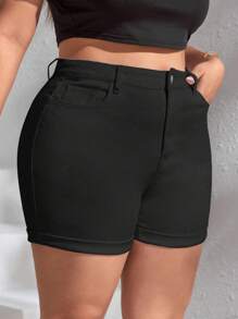 SHEIN CURVE+ Plus Size Women's Elastic Black Folded Hem Denim Shorts