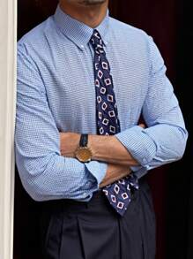 Manfinity Mode 男士前扣长袖格子简约休闲衬衫，日常穿着 - 藍色 - 查看 3