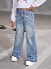 Tween Girls Y2K Fashionable, School Spirit Essential All-Match Fashionable Item, Girls Daily Casual Versatile Personalized All-Match Streetwear Retro Style Flare Comfortable Washed Jeans