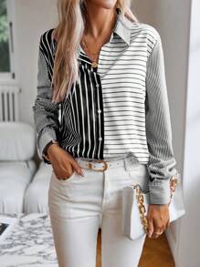 Aveloria Modichic Áo sơ mi sọc dài tay nữ cài nút phía trước, họa tiết ngẫu nhiên - Màu xám đen - Xem 1