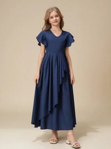 Tween Girl' V 领短款泡泡袖荷叶边腰连衣裙，优雅，适合婚礼、典礼、伴娘 - 藍色 - 查看 3