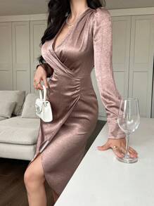 xheDAZY Vestido de manga abullonada con cuello en V, plisado y abertura lateral de unicolor de longitud media para mujeres, vestidos formales para mujeres, vestido largo de manga larga para otoñoxhe - Rosa - Ver 7