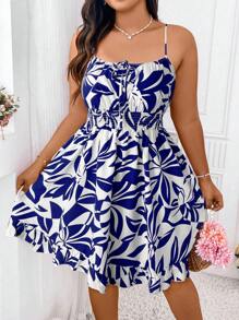 Elenzga 大码夏季印花连衣裙，修身细肩带蓝色连衣裙女士细肩带连衣裙，A 字型吊带短裙休闲假日热带雨林印花连衣裙海岛度假沙滩裙新款夏季花卉印花 A 字型细肩带连衣裙腰部收紧高腰连衣裙性感露背细肩带连衣裙，海滩度假氛围 A 字型系带无袖连衣裙 - 藏蓝色 - 查看 5