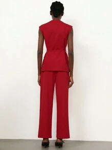Aveloria Modichic Elegant Vest Jacket And Straight Wide Leg Pants Suit, For Commuting - Red - View 2