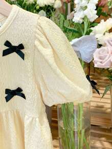 SHEIN LMoss Kids Abito estivo a maniche corte per bambine con decorazione fiocco carino - Albicocca - Visualizzare 8