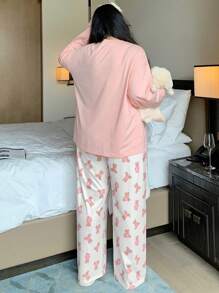 Dazy Plus 大码小熊图案印花宽松休闲睡衣套装，包含上衣和裤子，适合所有季节，秋冬季服装 - 粉色 - 查看 2