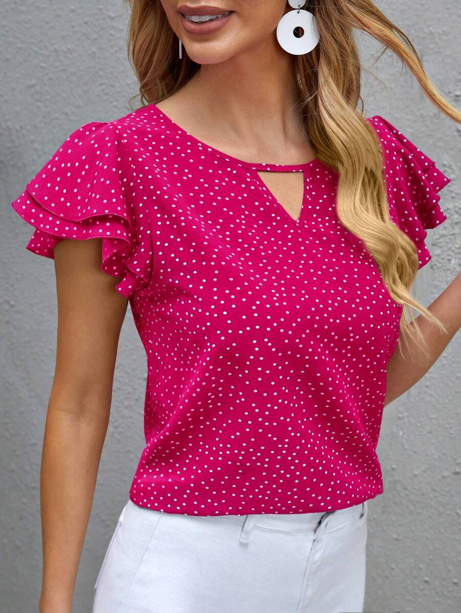 SHEIN Clasi Blusa de tejido con cuello de ojo de cerradura, volantes en el dobladillo y manga corta con estampado de lunares para mujer