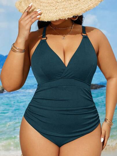 Swim Vcay Plus Size Women Solid Color Ruffle Casual One-Piece Swimsuit For Summer Beach Vacation