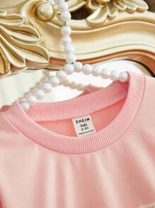 SHEIN Conjunto tejido casual con parches de encaje lindo para niña, color rosa, apropiado para actividades al aire libre, asistir a fiestas - Rosa - Ver 7