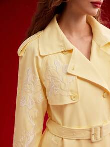 MOTF PREMIUM FLORAL EMBROIDERY DOUBLE BREASTED TRENCH COAT,SPRING/SUMMER - Yellow - View 3