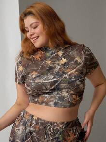 SHEIN EZwear 2 件套大码立领印花短袖上衣和长裤休闲装夏季