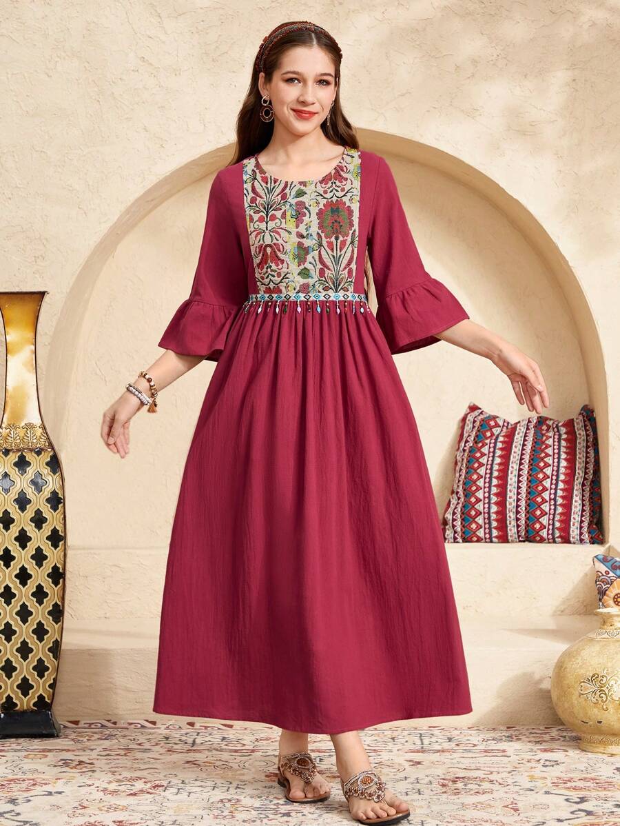 SHEIN Casual Vacation Ribbon Beaded Bell Sleeve Loose A-Line Washed Cotton Teen Girl Dress