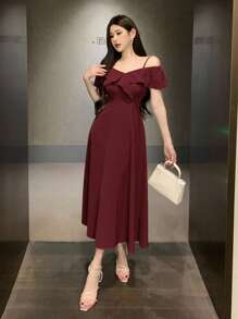 DAZY Women V-Neck Ruffle Trim Midi Dress, Solid Color For Date Night, Valentine's Day, Chinese New Year Elegant Sundress Red Women Dresses Prom Dress Christmas