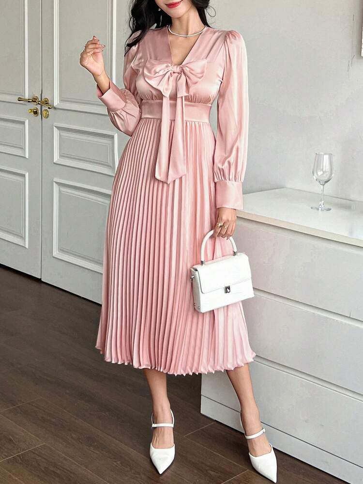V-Neck Puff Sleeve Bowknot Waist Women Mid-Length Dress,Fall Dress Long Sleeve Dress Maxi Dress
