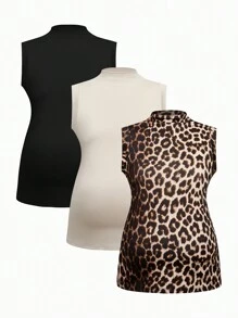 SHEIN 3 Pcs/Set Maternity Turtleneck Camisole & Strap Tank Tops - Multicolor - View 5