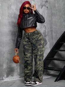 SHEIN SXY Plus Size Stretch Denim Camouflage Print Cargo Straight Leg Pants - Multicolor - View 4