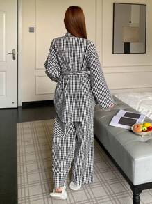 DAZY Conjunto de top de cuello de chaqueta de tartán y pantalones de pijama rectos holgados