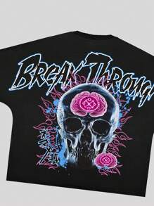 ROMWE MEN Street Life 男式骷髅图案超大短款 T 恤，街头潮流，万圣节