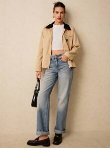 Poéselle 女士简约时尚休闲夹克，法国斗牛犬精致刺绣夹克，适合日常、街头、约会、通勤、居家等场合穿着 - 卡其色 - 查看 2