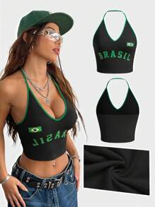 Coolane Women's Summer Sportswear Knit Number Graphics Halter Tank Top - Black - View 1