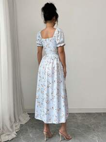 Chiquease 系腰泡泡袖拼布蕾丝花卉印花连衣裙长款女装 - 藍色 - 查看 2