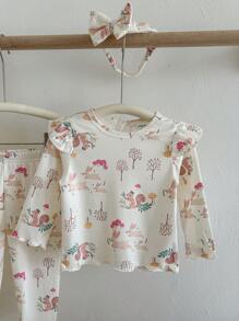 3pcs Baby Girl Easter Outfit,Cute Multicolor Funny Rabbit Squirrel Mushroom Forest Long Sleeve T-Shirt,Leggings&Headband Set,Autumn Family Matching - Khaki - View 5