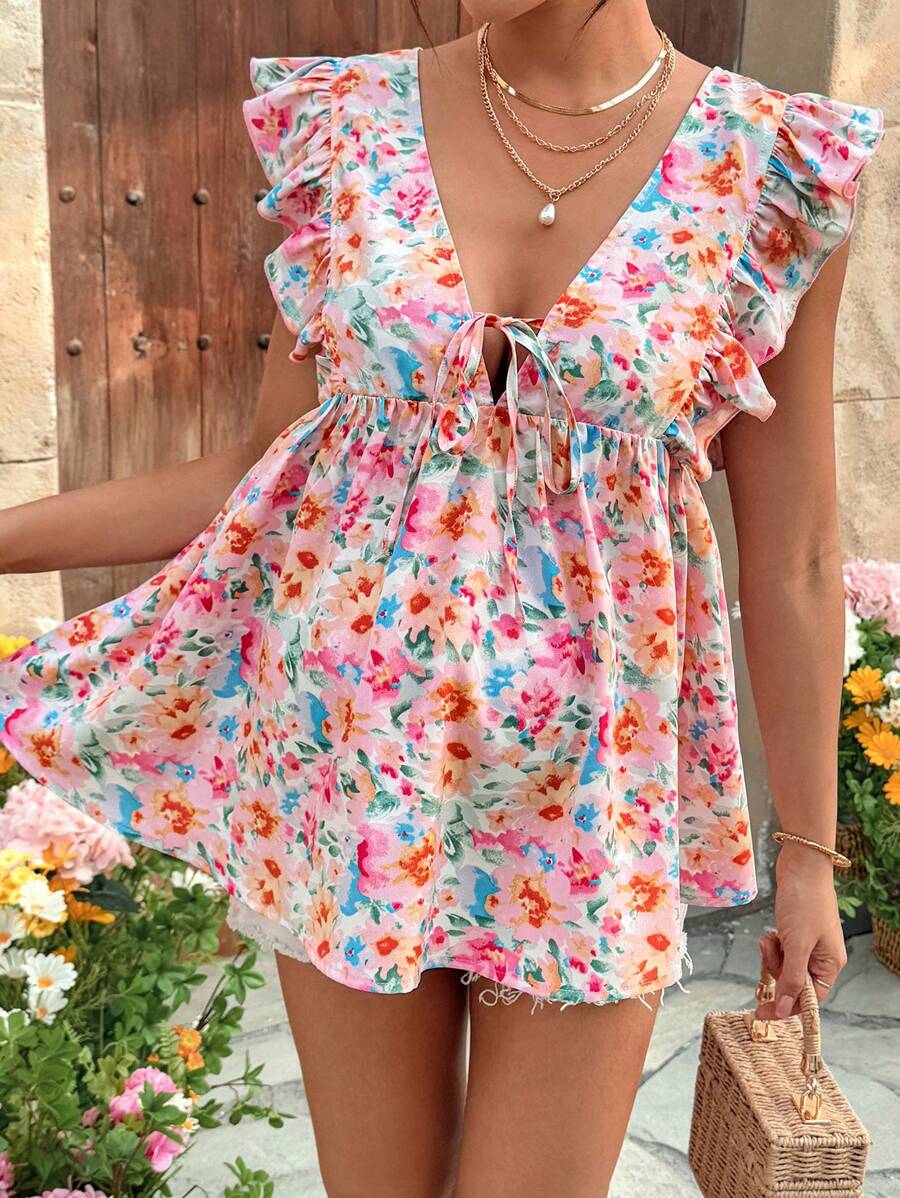 SHEIN Áo sơ mi in hoa buộc phía trước cho bà bầu đi nghỉ hè dành cho phụ nữ - Hồng - Xem 1