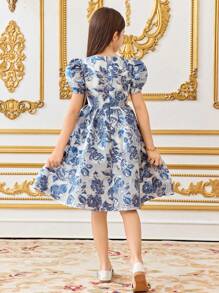 女童提花方领短袖优雅连衣裙，适合毕业舞会、公主裙、情人节女童、花童裙 - 藍色 - 查看 2