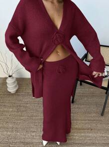 Aloruh Women's New Knitted Mid-Length Cardigan And Straight Hem Skirt Set, Versatile For Home And Outdoor, 2 Pieces Set