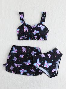 SHEIN 3pcs Tween Girl Girls Cute Butterfly Ruffle Bandeau Mesh Swimwear Set (Random Print) - Multicolor - View 3