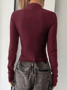 DAZY Stand Collar Hollow Splice Bodycon Long Sleeve Blouse For Women,Fall Clothes,Back To School Clothes - Burgundy - View 2