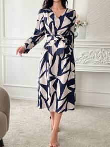 DAZY Geometric Pattern V-Neck Puff Sleeve Belted Midi Dress For Women,Casual Women Dresses,Fall Dress Long Sleeve Dress - Blue - View 3