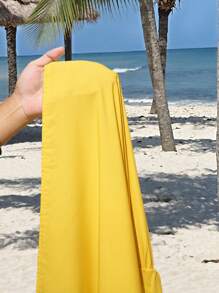 Slaydiva Plus Size Solid Color Spaghetti Strap Pleated Hem Casual Dress - Yellow - View 7