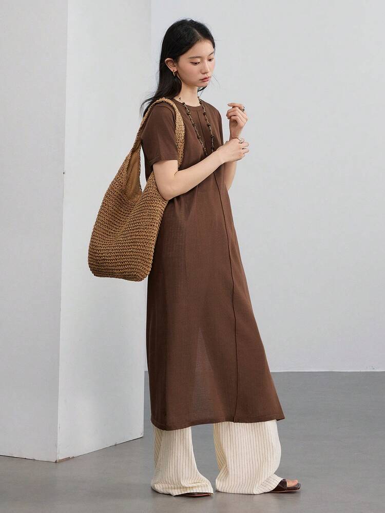 Women's Business Casual Long Knit Top With High Slit, Minimalist Solid Color Sweater Dress Old Money Style Dress