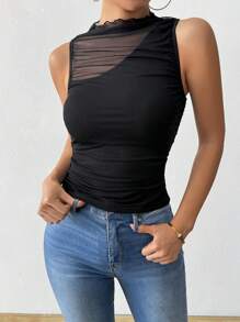 Chiquease Women's Sleeveless Mesh Patchwork Sheer Pleated Camisole