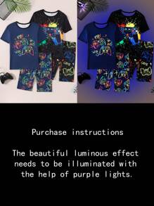 Teen Boy 4PCS Gaming Luminous Graffiti Print Snug Fit Round Neck Short Sleeve Top & Long Pants Pajama Set - Multicolor - View 3