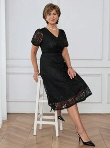 Miaspire Spring/Summer Casual V-Neck Lace Trim Puff Sleeve Mid-Length Lace Dress For Women