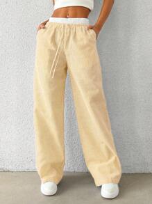 SHEIN EZwear Yellow Striped Women's Woven Casual Pants, Spring/Summer