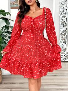 Franclia Plus Size Sweetheart Collar Ruffle Hem Long Sleeve Simple Short Dress,Valentine