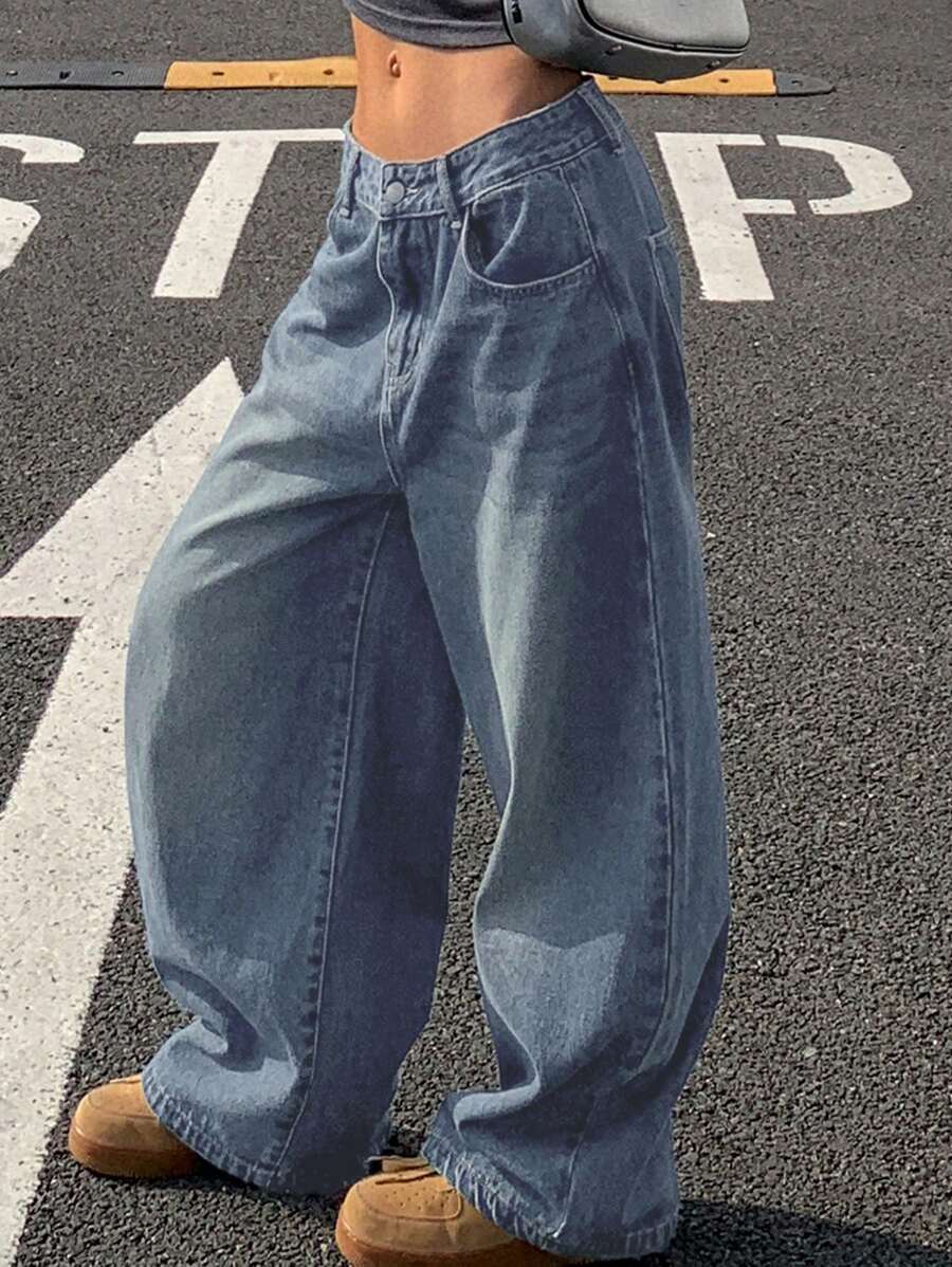 DAZY 复古宽松街头风格洗水漂白阔腿女士宽松牛仔裤 - 中等水洗藍 - 查看 1