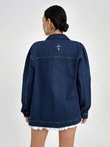 EURMUSE WOMEN DENIM EMBROIDERY DETAIL JACKET - Medium Wash - View 2
