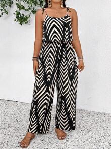 SHEIN Frenchy Plus Size Geometric Pattern Sleeveless Jumpsuit, Boho/Bohemian Casual & Vacation - Black - View 3